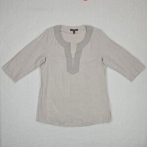 Tommy Bahama Two Palms Beaded Linen Tunic Top Tan Split Neck Women's Medium